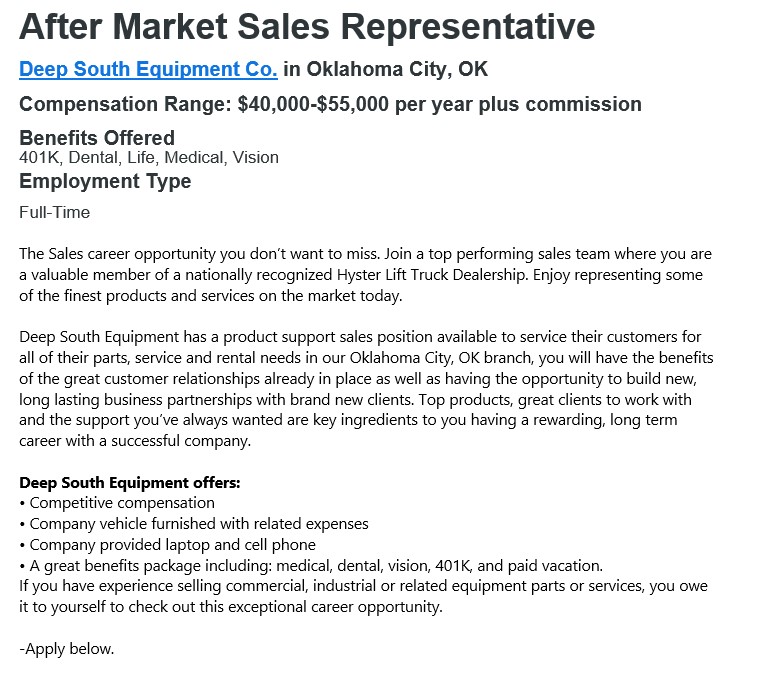 Employment application at Deep South Equipment